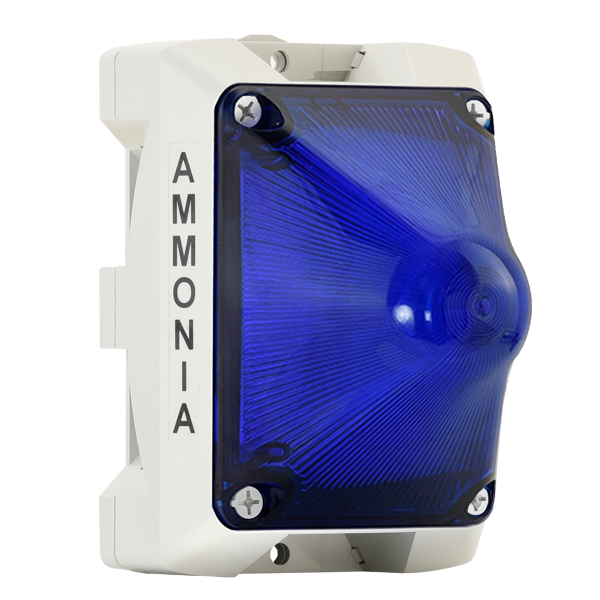 CTI Horn Strobe 120VAC 100dB Blue Lens Weather-Proof Enclosure Labeled 'Ammonia'