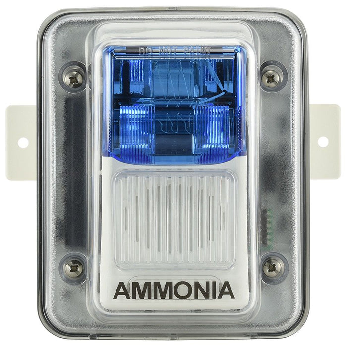 CTI Horn Strobe 24VDC Blue Lens with Weather-Proof Mounting Backbox, Labeled 'Ammonia'